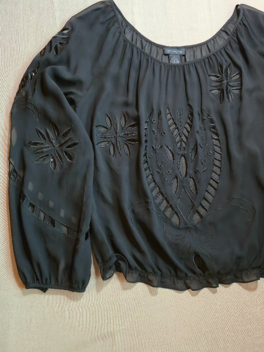 The Limited 100% Silk Black Embroidered Blouse Sheer with Cutouts size L Boho - Picture 3 of 16